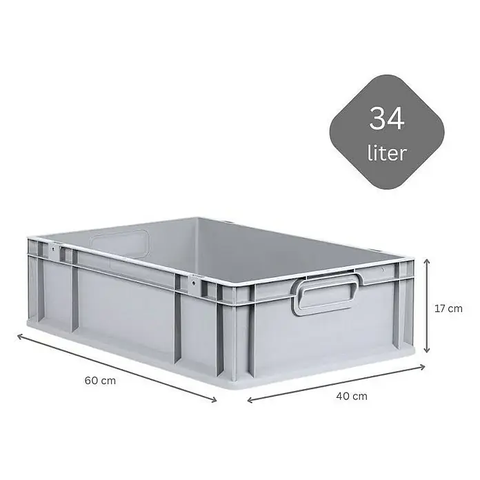 Proregal Euroboxen-Set 10x Eurobox NextGen Grip mit Scharnierdeckel und gelben Verschlüssen - L x B x H: 60 x 40 x 17 cm, Kunststoff, Grau, 10 Stk. - Graue 34-Liter-Kunststoffbox mit Griffen und Abmessungen (60 cm Länge, 40 cm Breite, 17 cm Höhe) für Lagerung und Transport.