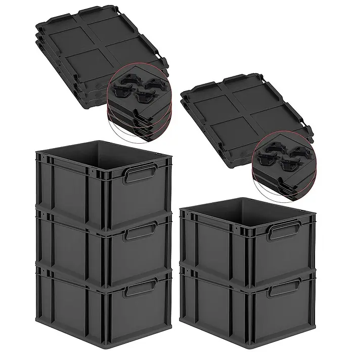 SparSet 5x Eurobox NextGen Color mit Auflagedeckel und Schiebeschnappverschlüsse | HxBxT 22x30x40cm | 20 Liter | Schwarz | Griffe schwarz geschlossen | Glatter Boden | Eurobehälter, Transportbox, Transportbehälter, Stapelbehälter -  - Stapelbare schwarze Kunststoffkisten mit Deckeln, ideal für Lagerung und Organisation. Robuste Bauweise für vielseitige Anwendungen.