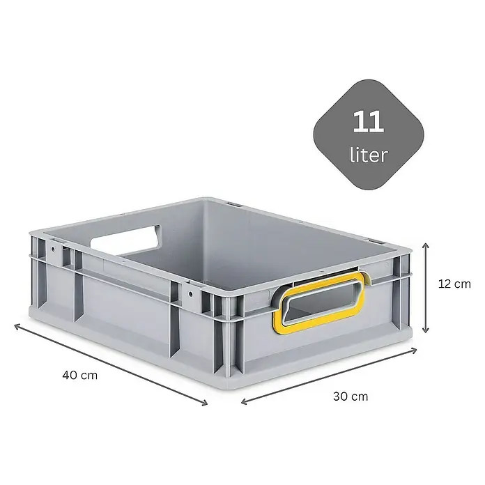 Proregal Euroboxen-Set 5x Eurobox NextGen Color mit Scharnierdeckel und Verschlüssen - L x B x H: 40 x 30 x 12 cm, Kunststoff, Grau, Gelb, 5 Stk. - Graue Kunststoffbox mit gelben Griffen und Maßangaben. Ideal für Lagerung und Transport, robust und stapelbar.