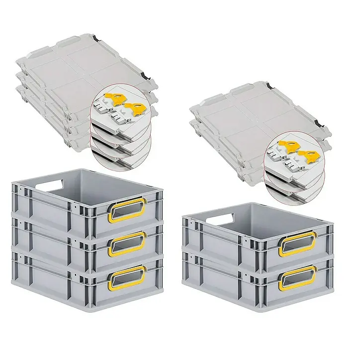 Proregal Euroboxen-Set 5x Eurobox NextGen Color mit Scharnierdeckel und Verschlüssen - L x B x H: 40 x 30 x 12 cm, Kunststoff, Grau, Gelb, 5 Stk. - Stapelbare Eurobehälter in Grau mit gelben Griffen und passenden Deckeln für eine ordentliche Lagerung und einen einfachen Transport von Gütern.