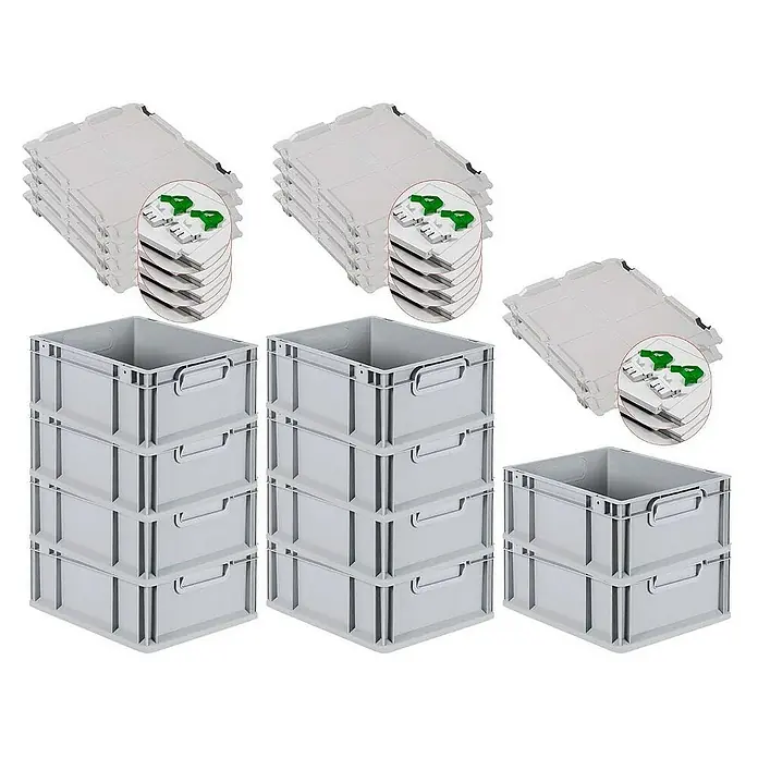 Proregal Euroboxen-Set 10x Eurobox NextGen Grip mit Scharnierdeckel und grünen Verschlüssen - L x B x H: 40 x 30 x 17 cm, Kunststoff, Grau, 10 Stk. - Bild von grauen Eurobehältern mit Deckeln, die sich ideal für Lagerung und Transport eignen.