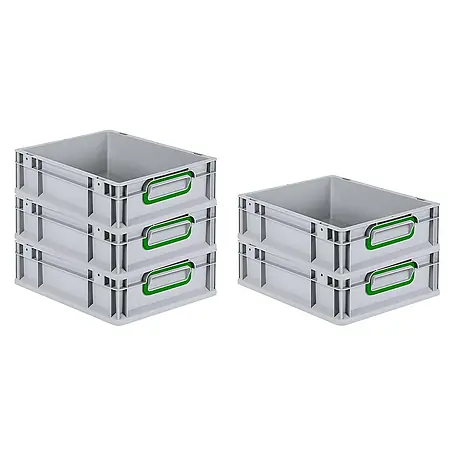 SparSet 5x Eurobox NextGen Color | HxBxT 12x30x40cm | 11 Liter | Griffe grün geschlossen | Glatter Boden | Grau | Eurobehälter, Transportbox, Transportbehälter, Stapelbehälter