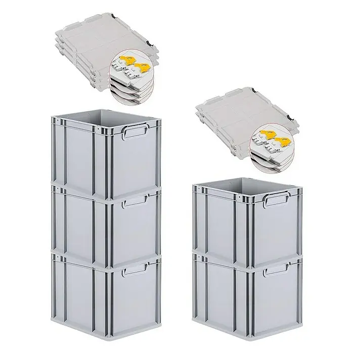 Proregal Euroboxen-Set 5x Eurobox NextGen Economy mit Scharnierdeckel und gelben Verschlüssen - L x B x H: 40 x 30 x 32 cm, Kunststoff, Grau, 5 Stk. - Abbildung von Kunststoffbehältern und dazugehörigen Deckeln. Robuste, stapelbare Aufbewahrungslösung für vielfältige Anwendungen.