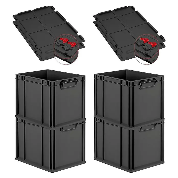 Proregal Euroboxen-Set 4x Eurobox NextGen Grip mit Scharnierdeckel und roten Verschlüssen - Kunststoff, Schwarz, 4 Stk. - Das Bild zeigt zwei Stapelboxen aus schwarzem Kunststoff und dazugehörige Deckel mit roten Verschlüssen für sicheren Transport.