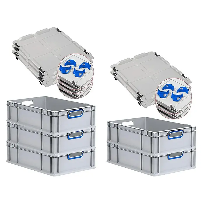 Proregal Euroboxen-Set 5x Eurobox NextGen Color mit Auflagedeckel und Schiebeschnappverschlüsse - L x B x H: 60 x 40 x 17 cm, Kunststoff, Grau, Blau, 5 Stk. - Bild von stapelbaren Lagerboxen und Deckeln mit blauen Details, ideal für Organisation und Lagerung.