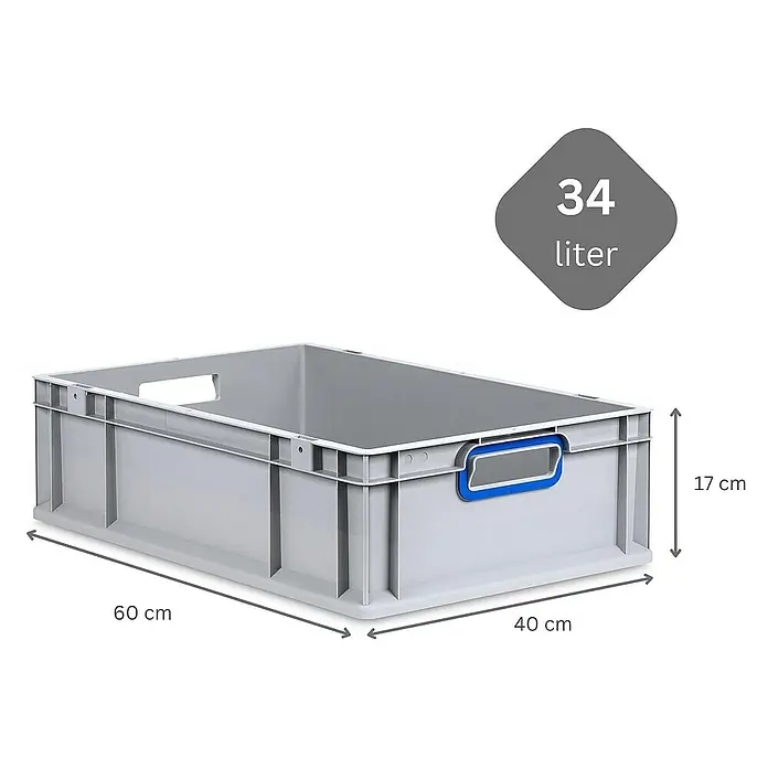 Proregal Euroboxen-Set 5x Eurobox NextGen Color mit Auflagedeckel und Schiebeschnappverschlüsse - L x B x H: 60 x 40 x 17 cm, Kunststoff, Grau, Blau, 5 Stk. - Graue Kunststoffbox mit den Maßen 60 x 40 x 17 cm und einem Fassungsvermögen von 34 Litern für Lagerung und Transport.