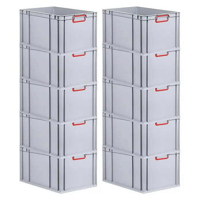 SparSet 10x Eurobox NextGen Color | HxBxT 32x40x60cm | 65 Liter | Griffe rot geschlossen | Verstärkter Boden | Grau | Eurobehälter, Transportbox, Transportbehälter, Stapelbehälter -  - Zwei Stapel grauer Kunststoffbehälter mit roten Griffen, die sich ideal für Lagerung und Organisation eignen.