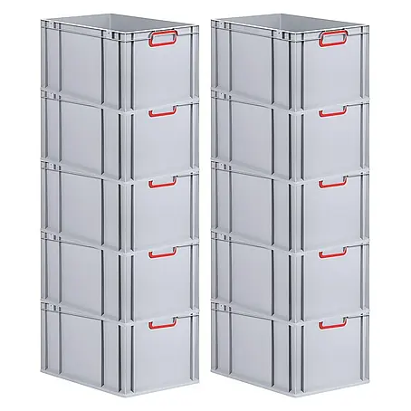 SparSet 10x Eurobox NextGen Color | HxBxT 32x40x60cm | 65 Liter | Griffe rot geschlossen | Verstärkter Boden | Grau | Eurobehälter, Transportbox, Transportbehälter, Stapelbehälter