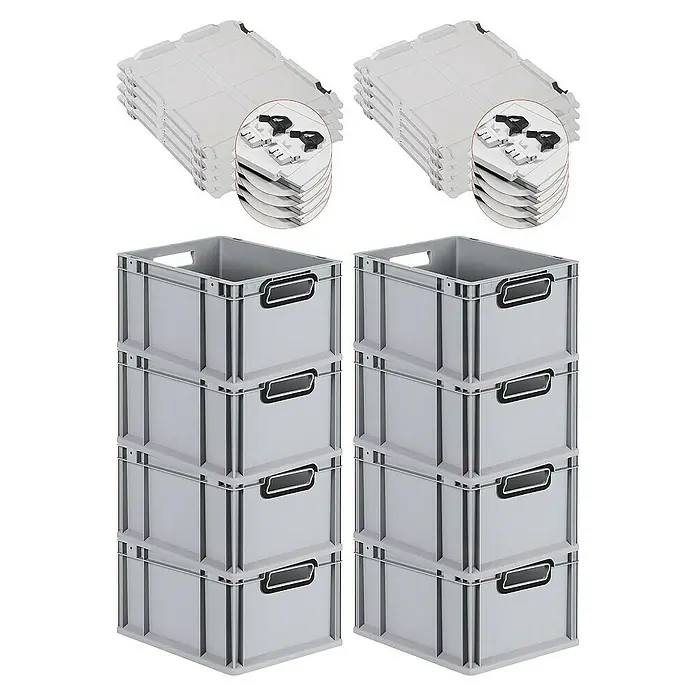 SuperSparSet 8x Eurobox NextGen Color mit Scharnierdeckel und Schiebeschnappverschlüssen | HxBxT 22x30x40cm | 20 Liter | Grau | Griffe schwarz offen | Glatter Boden | Eurobehälter, Transportbox, Transportbehälter, Stapelbehälter -  - Abbildung eines Stapels grauer Kunststoffbehälter mit passenden Deckeln, ideal für Organisation und Lagerung.