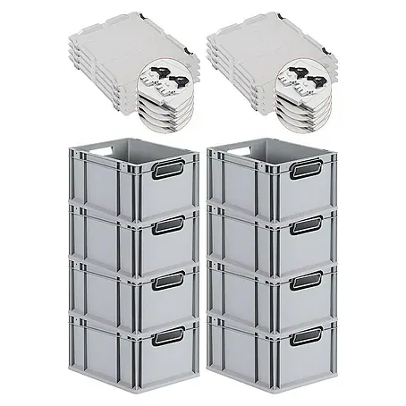 SuperSparSet 8x Eurobox NextGen Color mit Scharnierdeckel und Schiebeschnappverschlüssen | HxBxT 22x30x40cm | 20 Liter | Grau | Griffe schwarz offen | Glatter Boden | Eurobehälter, Transportbox, Transportbehälter, Stapelbehälter