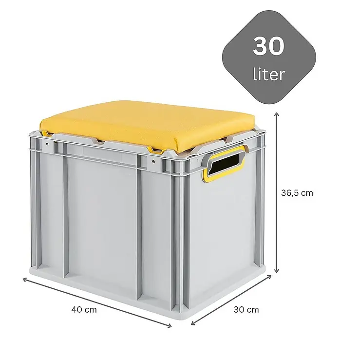 Proregal Euroboxen-Set 4x Eurobox NextGen Seat Box Gelb - L x B x H: 40 x 30 x 36,5 cm, Kunststoff, Grau, Gelb, 4 Stk. - Ein grauer 30-Liter-Aufbewahrungsbehälter mit gelbem Kissen und Größenangaben.