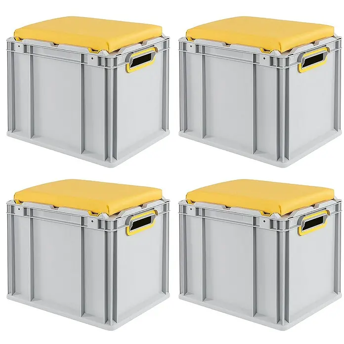 Proregal Euroboxen-Set 4x Eurobox NextGen Seat Box Gelb - L x B x H: 40 x 30 x 36,5 cm, Kunststoff, Grau, Gelb, 4 Stk. - Vier graue Aufbewahrungsboxen mit gelben Sitzkissen darauf, ideal für die Organisation und als Sitzgelegenheit.