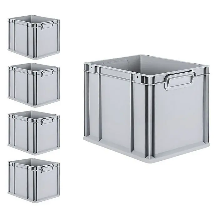 Proregal Euroboxen-Set 5x Eurobox NextGen Grip mit Scharnierdeckel und grünen Verschlüssen - Kunststoff, Grau, 5 Stk. - Graue Kunststoffboxen mit Griffen, stapelbar und ideal für Lagerung und Transport.