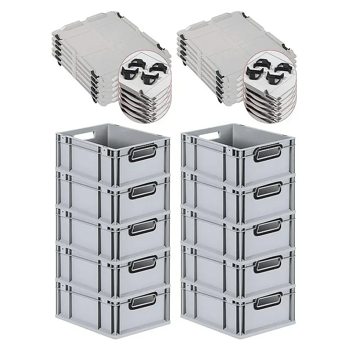 Proregal Euroboxen-Set 10x Eurobox NextGen Color mit Auflagedeckel und Schiebeschnappverschlüsse - Kunststoff, Grau, Schwarz, 10 Stk. - Graue, stapelbare Lagerboxen mit Deckel. Ideal zur Aufbewahrung im Büro, Keller oder Garage. Das Set besteht aus 10 Stück.