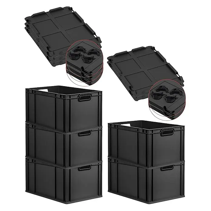 SparSet 5x Eurobox NextGen Color mit Auflagedeckel und Schiebeschnappverschlüsse | HxBxT 32x40x60cm | 65 Liter | Schwarz | Griffe schwarz offen | Verstärkter Boden | Eurobehälter, Transportbox, Transportbehälter, Stapelbehälter -  - Schwarze Kunststoffboxen und Deckel. Ideal für Lagerung & Transport. Die Deckel sind stapelbar und die Boxen sind robust und langlebig.