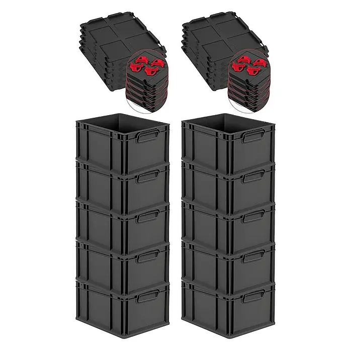 Proregal Euroboxen-Set 10x Eurobox NextGen Grip mit Auflagedeckel inkl. 4 roten Verschlüssen - L x B x H: 40 x 30 x 22 cm, Kunststoff, Schwarz, 10 Stk. - Stapelbare Eurobehälter und dazugehörige Deckel, ideal zur Lagerung und zum Transport verschiedener Güter. Vielseitig und robust.