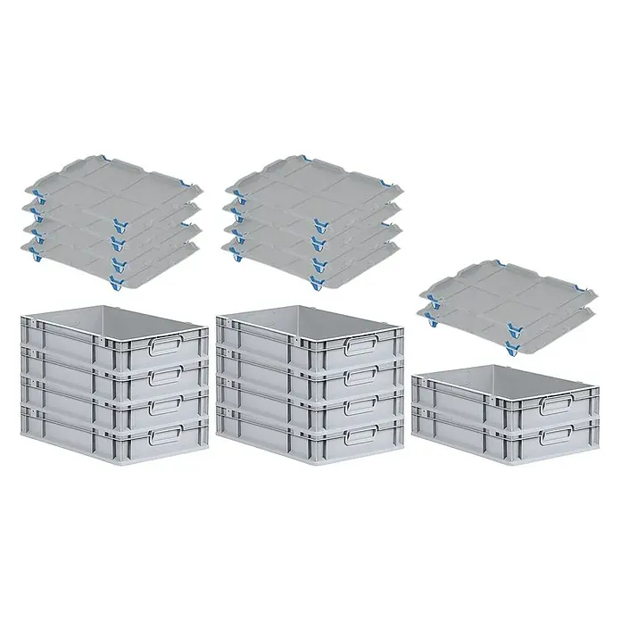 Proregal Euroboxen-Set 10x Eurobox NextGen Grip mit Auflagedeckel inkl. 4 blauen Verschlüssen - L x B x H: 60 x 40 x 12 cm, Kunststoff, Grau, 10 Stk. - Bild von mehreren grauen Kunststoffboxen und Deckeln, die für die Lagerung gestapelt sind. Diese sind robust und praktisch.