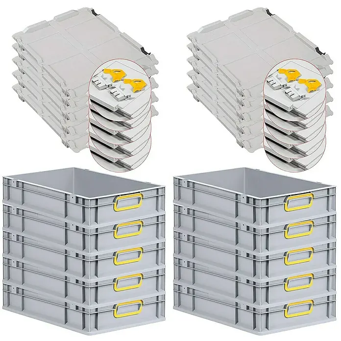 Proregal Euroboxen-Set 10x Eurobox NextGen Color mit Scharnierdeckel und Verschlüssen - L x B x H: 60 x 40 x 12 cm, Kunststoff, Grau, Gelb, 10 Stk. - Stapelbare graue Behälter mit gelben Griffen und Deckel. Vielseitige Aufbewahrungslösung für Ordnung und Transport.