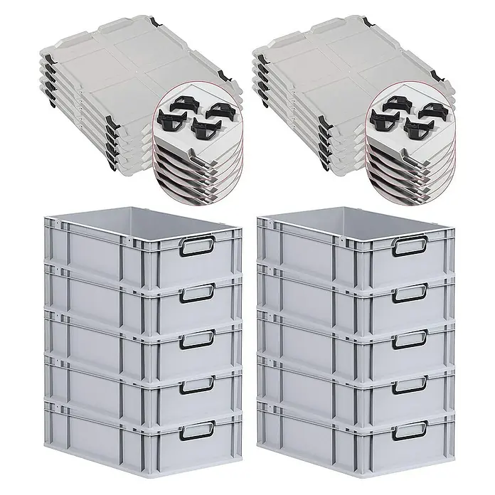 Proregal Euroboxen-Set 10x Eurobox NextGen Color mit Auflagedeckel und Schiebeschnappverschlüsse - L x B x H: 60 x 40 x 17 cm, Kunststoff, Grau, Schwarz, 10 Stk. - Ein Bild von zwei Stapeln grauer Kunststoffbehälter und zwei Stapeln grauer Deckel mit schwarzen Clips, die für die Organisation und Lagerung bestimmt sind.