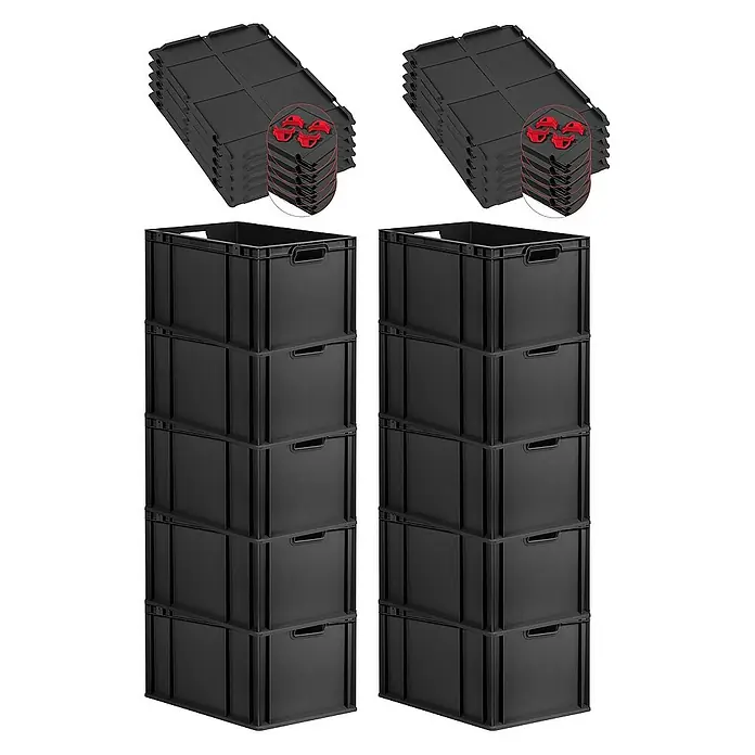 Proregal Euroboxen-Set 10x Eurobox NextGen Grip mit Auflagedeckel inkl. 4 roten Verschlüssen - L x B x H: 60 x 40 x 32 cm, Kunststoff, Schwarz, 10 Stk. - Ein Stapel von schwarzen Kunststoffkisten und zugehörigen Deckeln mit roten Verschlüssen für Lagerzwecke.