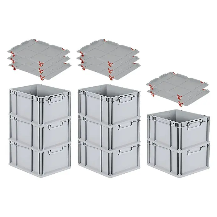 Proregal Euroboxen-Set 8x Eurobox NextGen Grip mit Auflagedeckel inkl. 4 roten Verschlüssen - L x B x H: 40 x 30 x 22 cm, Kunststoff, Grau, 8 Stk. - Drei Stapel grauer Kunststoffboxen und drei Stapel grauer Deckel. Die Boxen sind leer, die Deckel gestapelt.