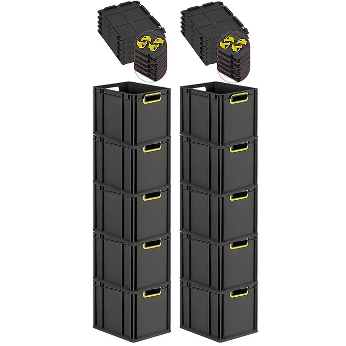 Proregal Euroboxen-Set 10x Eurobox NextGen Color mit Auflagedeckel und Schiebeschnappverschlüsse - Kunststoff, Schwarz, Gelb, 10 Stk. - Bild von schwarzen Kunststoff-Lagerkisten und dazugehörigen Deckeln, die sich ideal für die Organisation eignen.