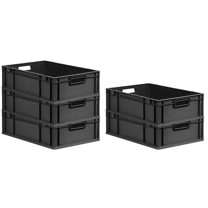 Proregal Euroboxen-Set 5x Eurobox NextGen Color - L x B x H: 60 x 40 x 17 cm, Kunststoff, Schwarz, Schwarz, 5 Stk. - Drei und zwei graue Kunststoffboxen sind auf dem Bild gestapelt. Die praktischen Boxen mit Griffen sind ideal für die Aufbewahrung.