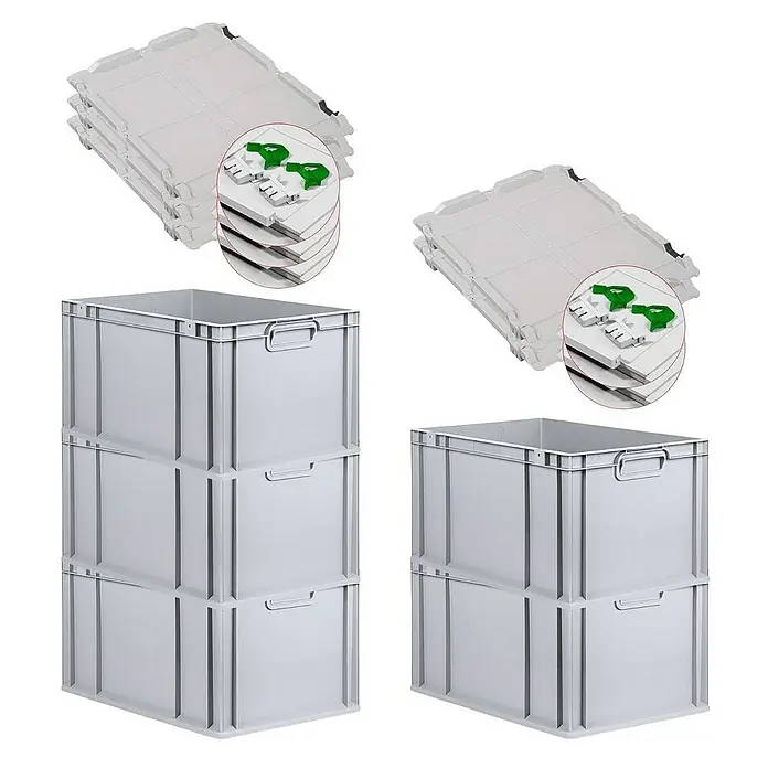 Proregal Euroboxen-Set 5x Eurobox NextGen Grip mit Scharnierdeckel und grünen Verschlüssen - L x B x H: 60 x 40 x 32 cm, Kunststoff, Grau, 5 Stk. - Abbildung von grauen Lagerboxen und Deckeln. Das robuste Design eignet sich ideal für Lagerung und Transport in Industrie und Gewerbe.