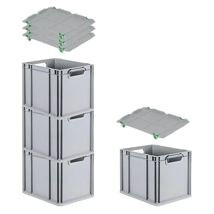 Proregal Euroboxen-Set 4x Eurobox NextGen Economy mit Auflagedeckel und 4x Verschlüsse Grün - Kunststoff, Grau, 4 Stk. - Ein Bild von drei grauen, übereinander gestapelten Lagerkisten und dazu passende Deckel.