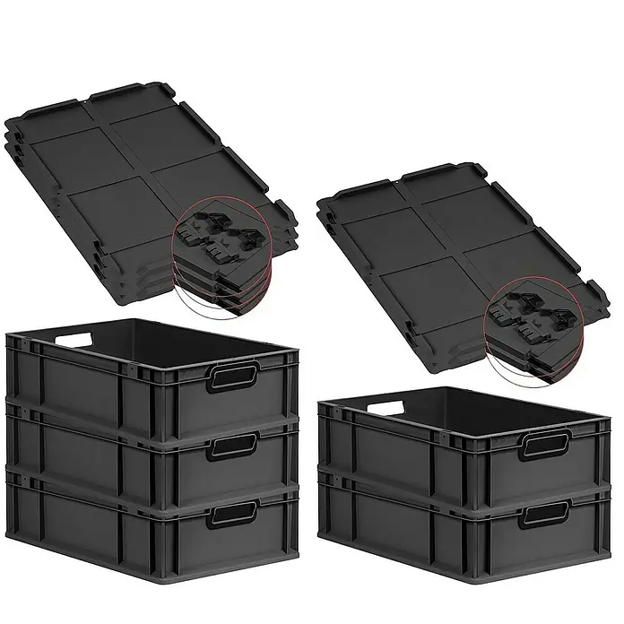 Proregal Euroboxen-Set 5x Eurobox NextGen Color mit Scharnierdeckel und Verschlüssen - L x B x H: 60 x 40 x 17 cm, Kunststoff, Schwarz, Schwarz, 5 Stk. - Das Bild zeigt eine Auswahl an schwarzen Euroboxen mit praktischen Griffen und passenden Deckeln, ideal für Lagerung und Transport.
