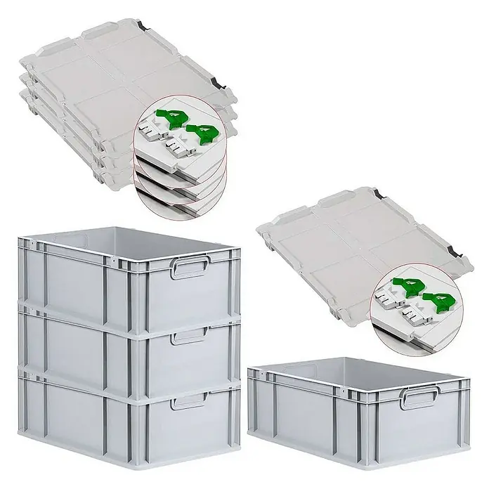Proregal Euroboxen-Set 4x Eurobox NextGen Grip mit Scharnierdeckel und grünen Verschlüssen - L x B x H: 60 x 40 x 22 cm, Kunststoff, Grau, 4 Stk. - Das Bild zeigt eine Auswahl grauer Eurobehälter mit Deckeln, sowohl gestapelt als auch einzeln, für vielfältige Lagerzwecke.