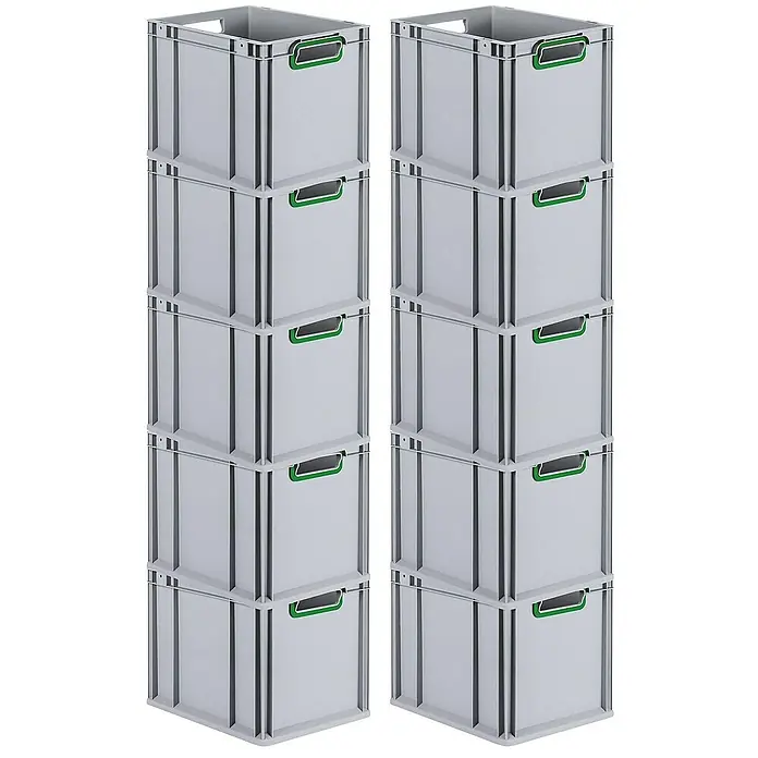 Proregal Euroboxen-Set 10x Eurobox NextGen Color - L x B x H: 40 x 30 x 32 cm, Kunststoff, Grau, Grün, 10 Stk. - Bild von zwei Stapeln grauer Lagerboxen mit grünen Griffen. Ideal für Ordnung in Lager und Werkstatt.