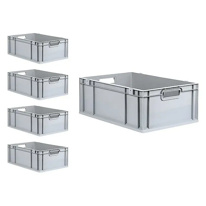 Proregal Euroboxen-Set 5x Eurobox NextGen Grip mit Scharnierdeckel und gelben Verschlüssen - L x B x H: 60 x 40 x 22 cm, Kunststoff, Grau, 5 Stk. - Vier graue Stapelboxen sind auf dem Bild zu sehen. Die Kunststoffboxen sind rechteckig und haben praktische Griffe an den Seiten.