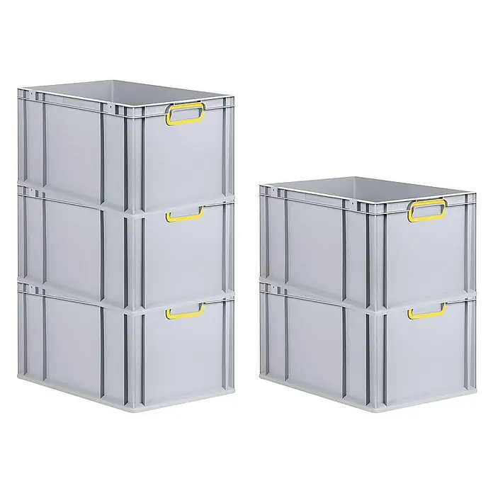 Proregal Euroboxen-Set 10x Eurobox NextGen Color - L x B x H: 60 x 40 x 32 cm, Kunststoff, Grau, Gelb, 10 Stk. - Gestapelte graue Kunststoffboxen mit gelben Griffen. Praktische Lagerbehälter für Ordnung und Übersicht in Werkstatt oder Lager.