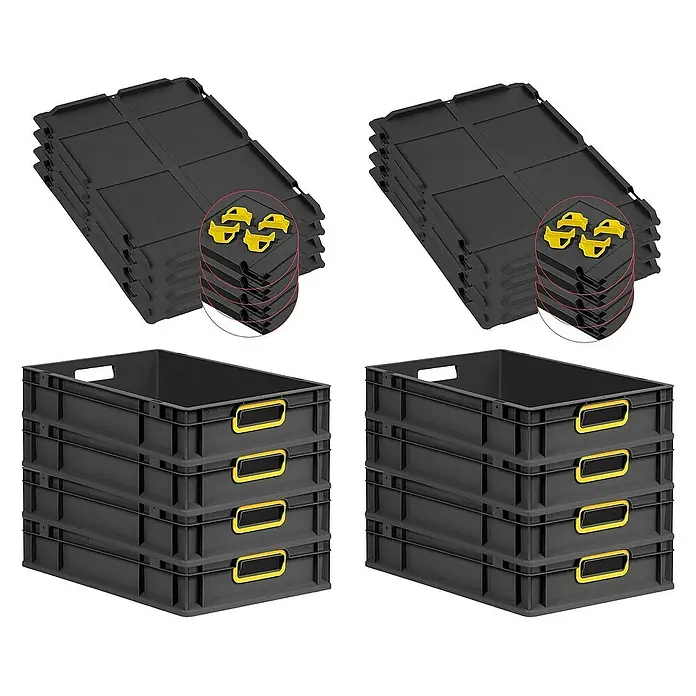 Proregal Euroboxen-Set 8x Eurobox NextGen Color mit Auflagedeckel und Schiebeschnappverschlüsse - L x B x H: 60 x 40 x 12 cm, Kunststoff, Schwarz, Gelb, 8 Stk. - Ein Stapel von schwarzen Kunststoff-Lagerbehältern mit gelben Griffen und Deckeln für die Lagerung von Gegenständen.