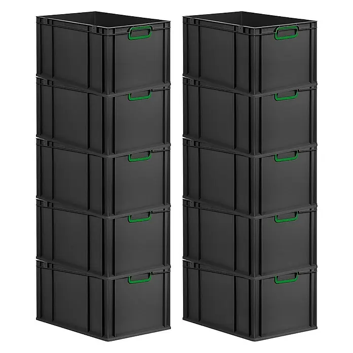Proregal Euroboxen-Set 10x Eurobox NextGen Color - L x B x H: 60 x 40 x 32 cm, Kunststoff, Schwarz, Grün, 10 Stk. - Das Bild zeigt zwei Stapel von je fünf schwarzen Kunststoffboxen mit grünen Griffen. Ideal für Lagerung und Organisation.
