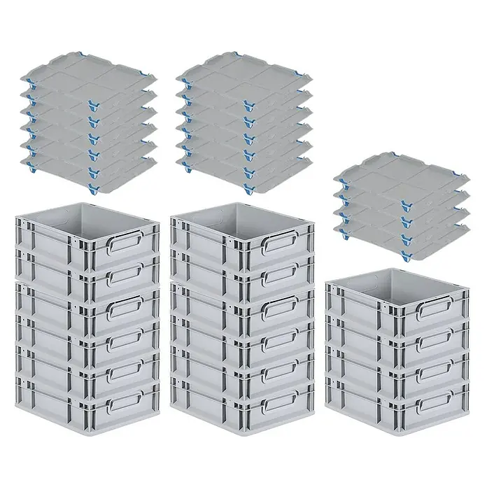 Proregal Euroboxen-Set 16x Eurobox NextGen Grip mit Auflagedeckel inkl. 4 blauen Verschlüssen - L x B x H: 40 x 30 x 12 cm, Kunststoff, Grau, 16 Stk. - Stapelbare graue Kunststoffboxen und Deckel zur Aufbewahrung und Organisation.