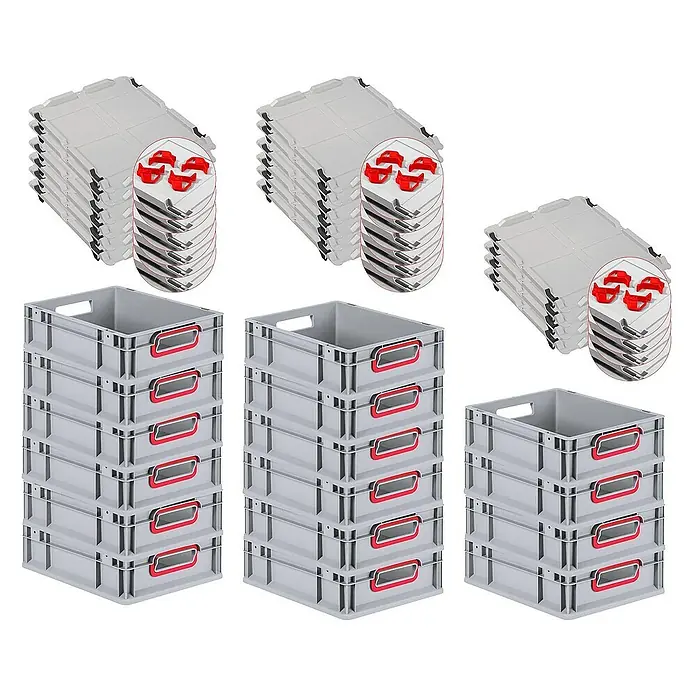 Proregal Euroboxen-Set 16x Eurobox NextGen Color mit Auflagedeckel und Schiebeschnappverschlüsse - L x B x H: 40 x 30 x 12 cm, Kunststoff, Grau, Rot, 16 Stk. - Stapelbare graue Kunststoffbehälter und Deckel mit roten Griffen für Lagerung und Organisation.
