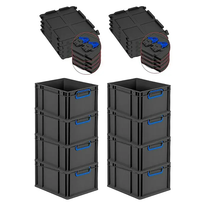 Proregal Euroboxen-Set 8x Eurobox NextGen Color mit Scharnierdeckel und Verschlüssen - L x B x H: 40 x 30 x 22 cm, Kunststoff, Schwarz, Blau, 8 Stk. - Stapelbare graue Lagerbehälter und dazugehörige Deckel zur praktischen Aufbewahrung und Organisation von Gegenständen.