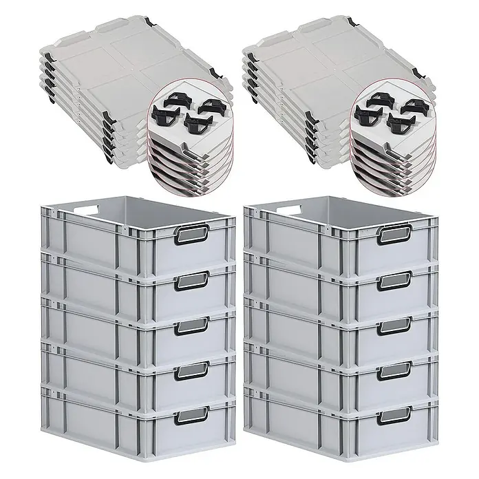 Proregal Euroboxen-Set 10x Eurobox NextGen Color mit Auflagedeckel und Schiebeschnappverschlüsse - L x B x H: 60 x 40 x 17 cm, Kunststoff, Grau, Schwarz, 10 Stk. - Abbildung von grauen Kunststoff-Lagerboxen mit Deckeln, gestapelt, mit Tragegriffen und Etikettenhaltern.