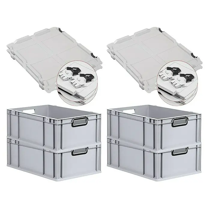 SuperSparSet 4x Eurobox NextGen Color mit Scharnierdeckel und Schiebeschnappverschlüssen | HxBxT 22x40x60cm | 44 Liter | Grau | Griffe schwarz offen | Verstärkter Boden | Eurobehälter, Transportbox, Transportbehälter, Stapelbehälter -  - Stapelbare Eurobehälter mit Deckel. Robuste Lagerlösung für Industrie und Gewerbe mit praktischen Tragegriffen.