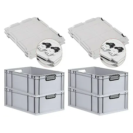 SuperSparSet 4x Eurobox NextGen Color mit Scharnierdeckel und Schiebeschnappverschlüssen | HxBxT 22x40x60cm | 44 Liter | Grau | Griffe schwarz offen | Verstärkter Boden | Eurobehälter, Transportbox, Transportbehälter, Stapelbehälter