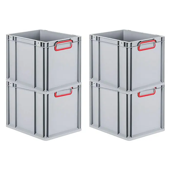Proregal Euroboxen-Set 4x Eurobox NextGen Color - Kunststoff, Grau, Rot, 4 Stk. - Zwei Stapel mit je zwei grauen Kunststoffboxen mit roten Griffen. Praktische Aufbewahrungslösung für vielfältige Anwendungen.