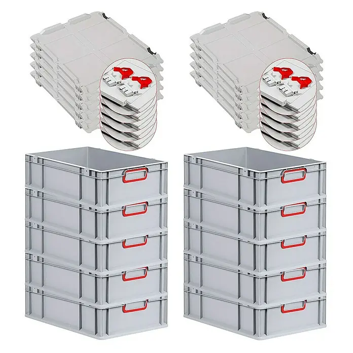 Proregal Euroboxen-Set 10x Eurobox NextGen Color mit Scharnierdeckel und Verschlüssen - L x B x H: 60 x 40 x 17 cm, Kunststoff, Grau, Rot, 10 Stk. - Bild von grauen Stapelbehältern und Deckeln, ideal für Lagerung. Praktische, robuste Kunststoffkisten mit roten Griffen und stapelbaren Deckeln.
