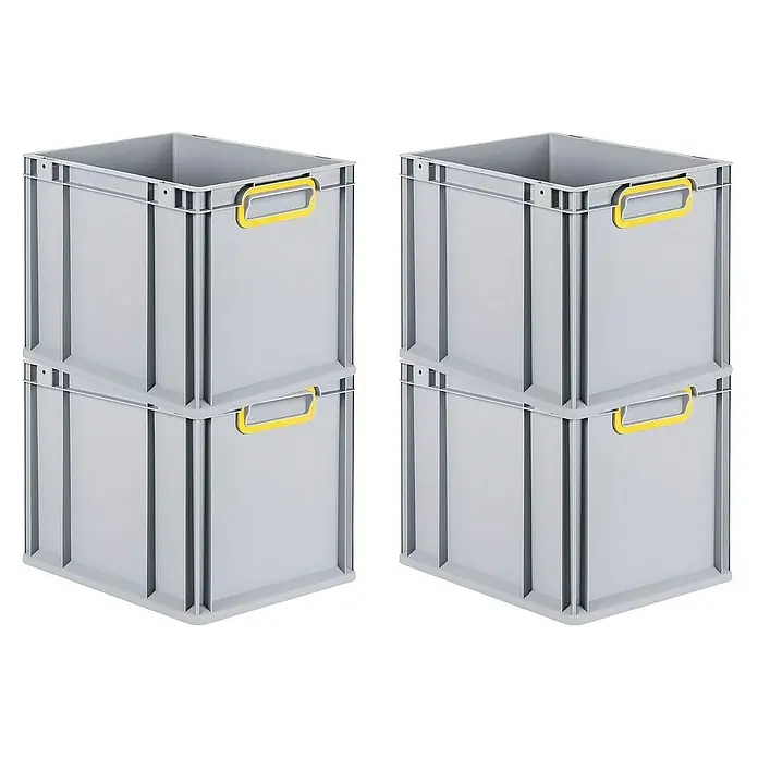 Proregal Euroboxen-Set 4x Eurobox NextGen Color - Kunststoff, Grau, Gelb, 4 Stk. - Zwei Stapel grauer Kunststoffbehälter mit gelben Griffen für Lagerung und Transport.
