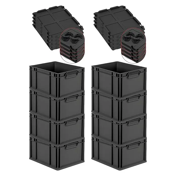 SuperSparSet 8x Eurobox NextGen Grip mit Auflagedeckel inkl. 4 schwarzen Schiebeschnappverschlüssen | HxBxT 22x30x40cm | 20 Liter | Schwarz | Griffe geschlossen | Eurobehälter, Transportbox, Transportbehälter, Stapelbehälter -  - Schwarze Kunststoffbehälter und Deckel. Stapelbare Aufbewahrungskisten und Abdeckungen für Organisation und Lagerung.