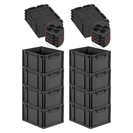 SuperSparSet 8x Eurobox NextGen Grip mit Auflagedeckel inkl. 4 schwarzen Schiebeschnappverschlüssen | HxBxT 22x30x40cm | 20 Liter | Schwarz | Griffe geschlossen | Eurobehälter, Transportbox, Transportbehälter, Stapelbehälter
