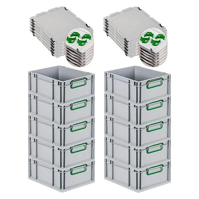 Proregal Euroboxen-Set 10x Eurobox NextGen Color mit Auflagedeckel und Schiebeschnappverschlüsse - L x B x H: 40 x 30 x 17 cm, Kunststoff, Grau, Grün, 10 Stk. - Stapelbare Eurobehälter: Graue Kunststoffboxen mit grünen Griffen und Deckeln zur platzsparenden Lagerung und Organisation.