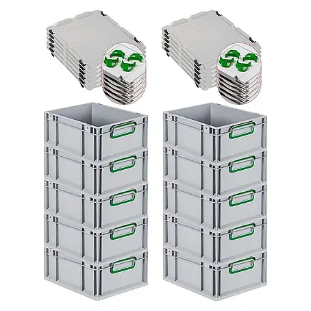 Proregal  Euroboxen-Set 10x Eurobox NextGen Color mit Auflagedeckel und Schiebeschnappverschlüsse