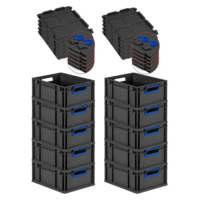 Proregal Euroboxen-Set 10x Eurobox NextGen Color mit Scharnierdeckel und Verschlüssen - L x B x H: 40 x 30 x 17 cm, Kunststoff, Schwarz, Blau, 10 Stk. - Ein Stapel von schwarzen Kunststoffbehältern und Deckeln mit blauen Akzenten. Ideal für Lagerung und Organisation.
